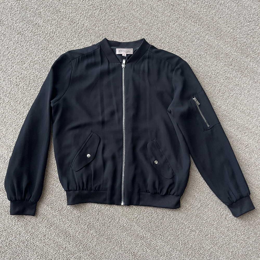 Philosophy lightweight black bomber jacket with full zip and sleeve detail. S